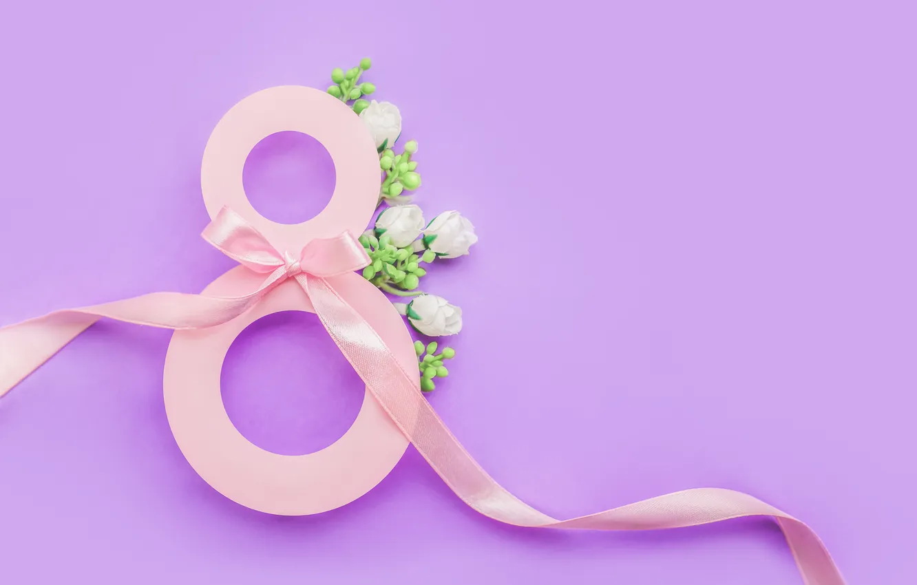 Фото обои цветы, розы, цифра, лента, happy, 8 марта, pink, flowers