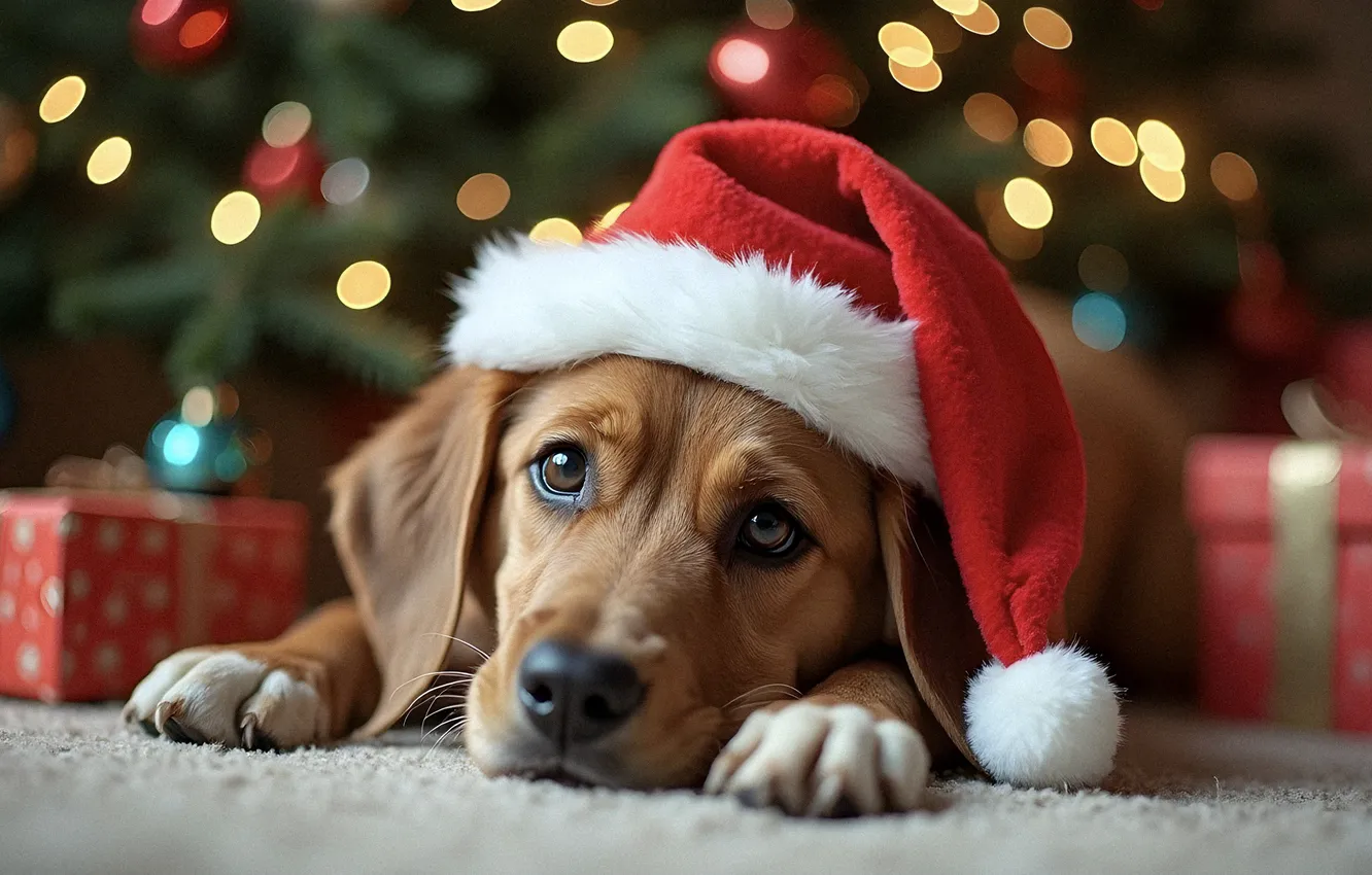 Фото обои украшения, собака, Рождество, Новый год, Christmas, dog, cute, decoration