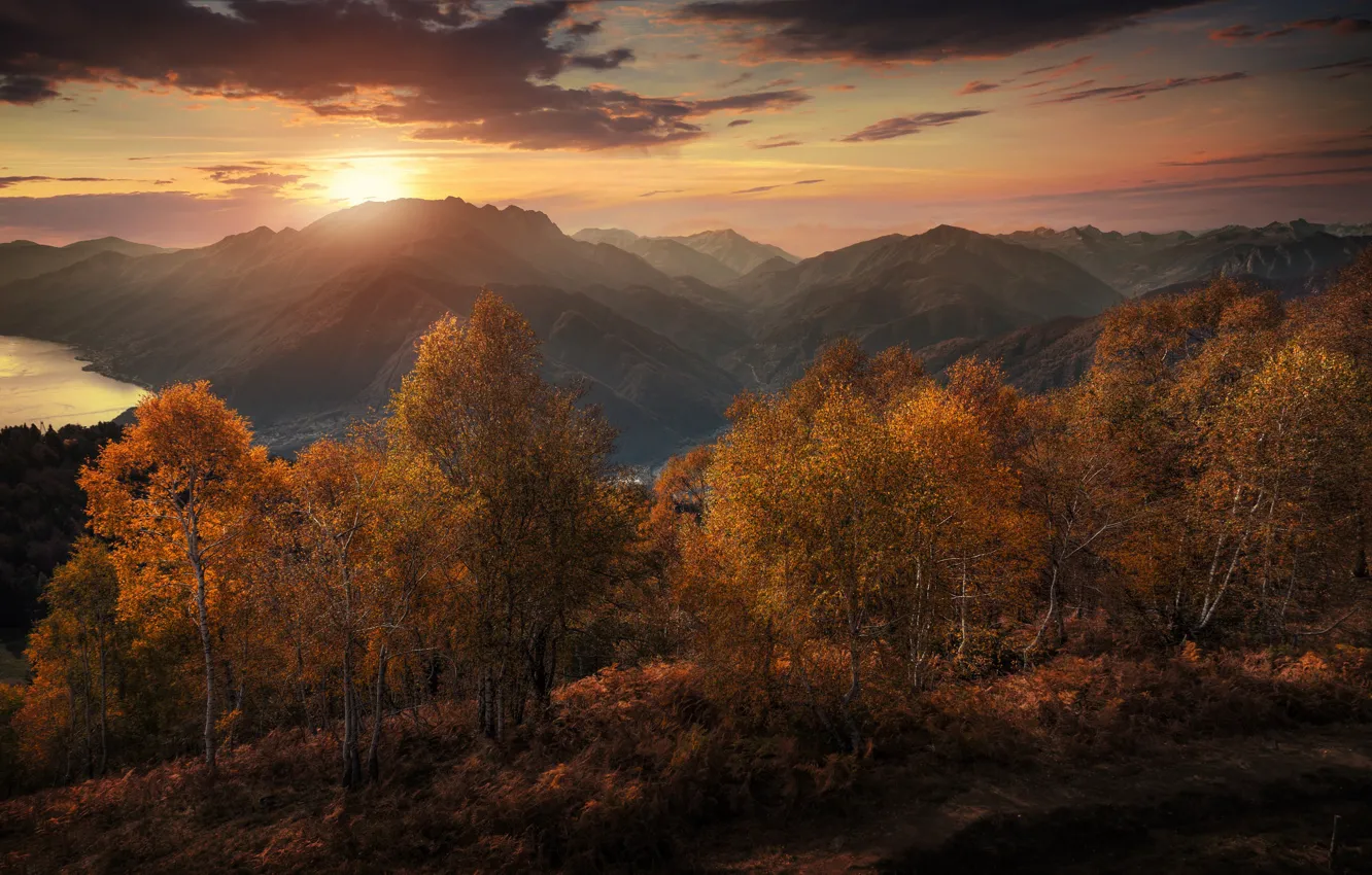 Фото обои осень, деревья, закат, горы, озеро, Швейцария, Альпы, Switzerland