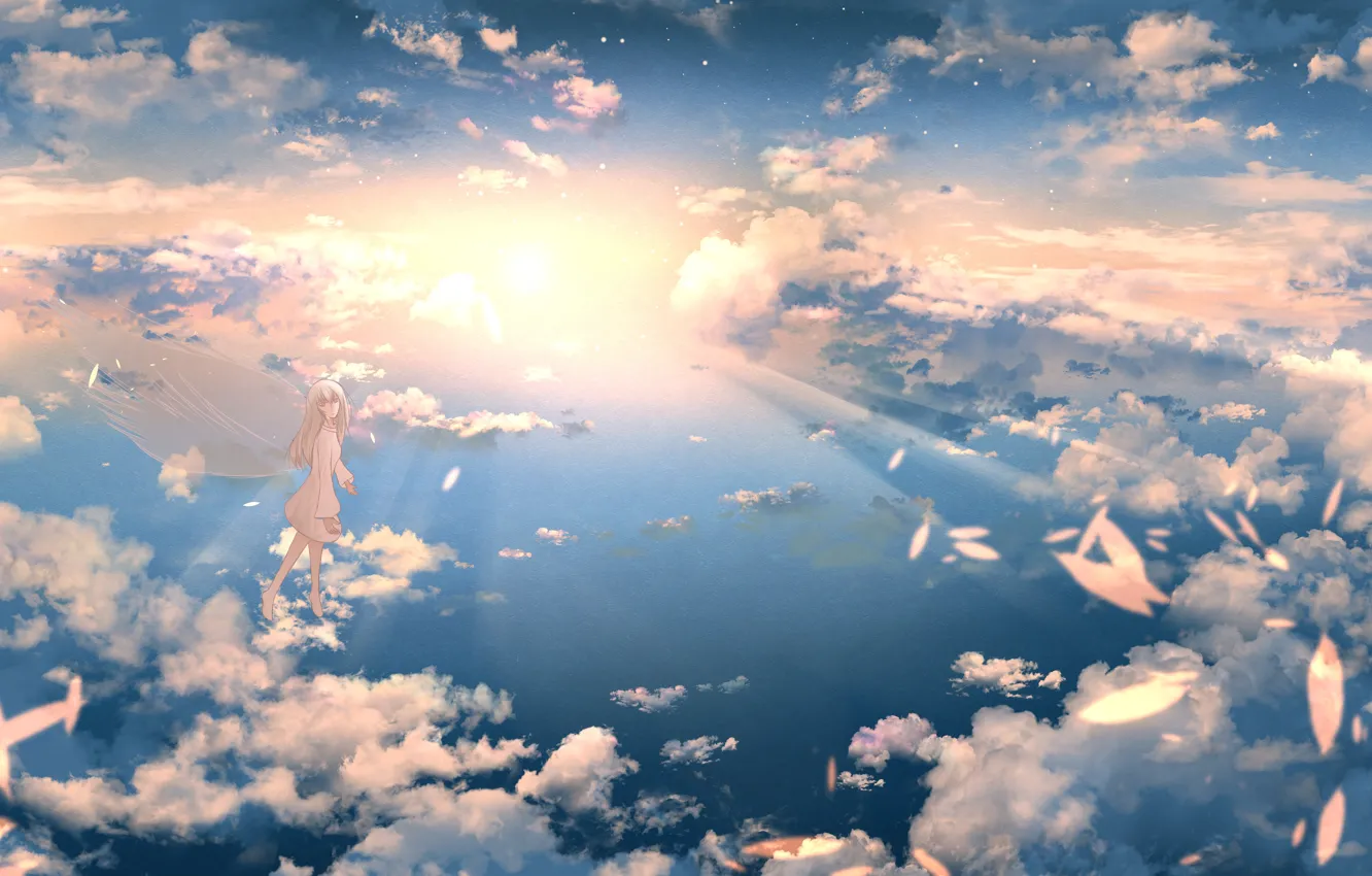 Фото обои небо, девушка, облака, фея, ツチヤ