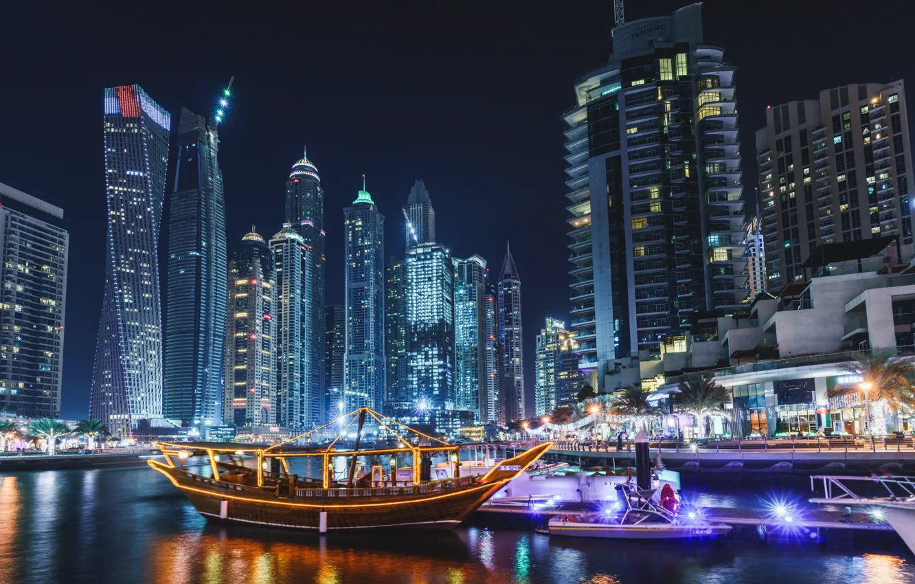 Фото обои city, lights, Dubai, sea, ocean, night, evening, buildings