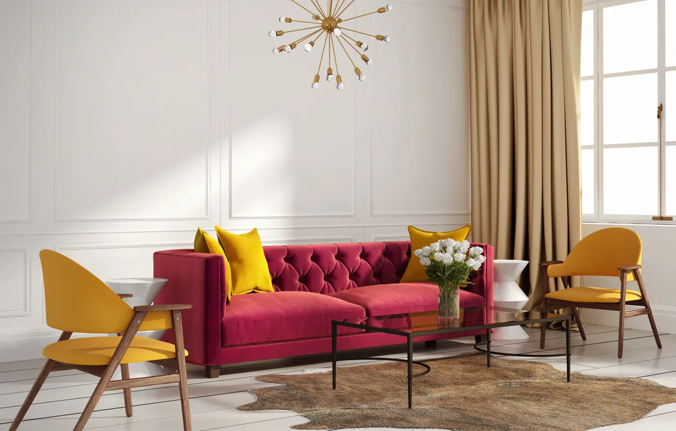 Фото обои диван, интерьер, кресла, люстра, ваза, гостиная, модерн