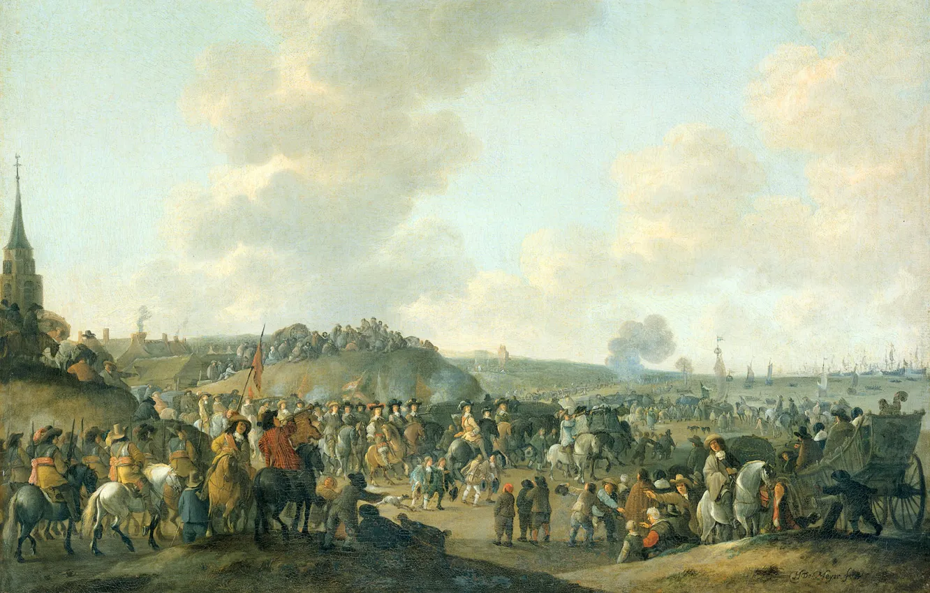 Фото обои масло, картина, холст, Отплытие Карла II Английского из Схевенингена, Хендрик де Мейер
