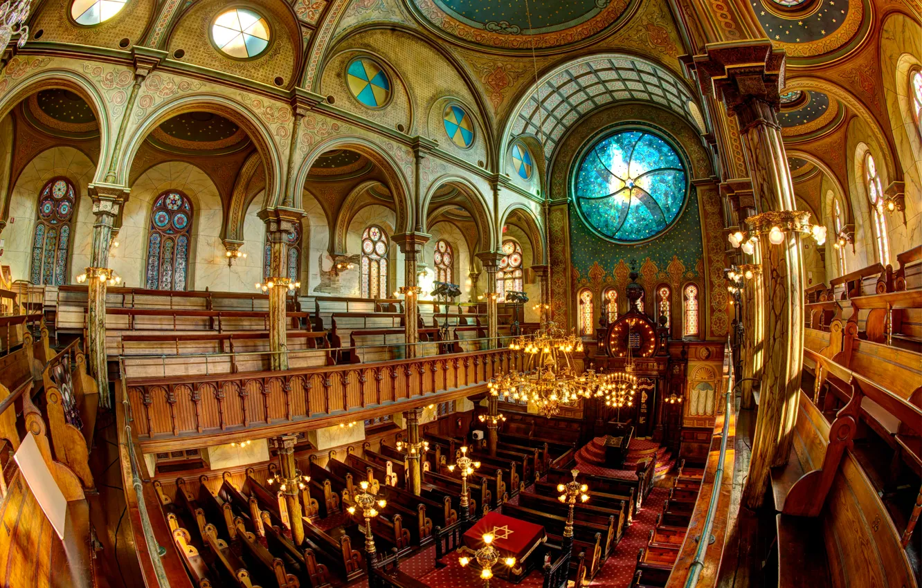 Фото обои Нью-Йорк, витражи, США, зал, скамья, колонна, синагога