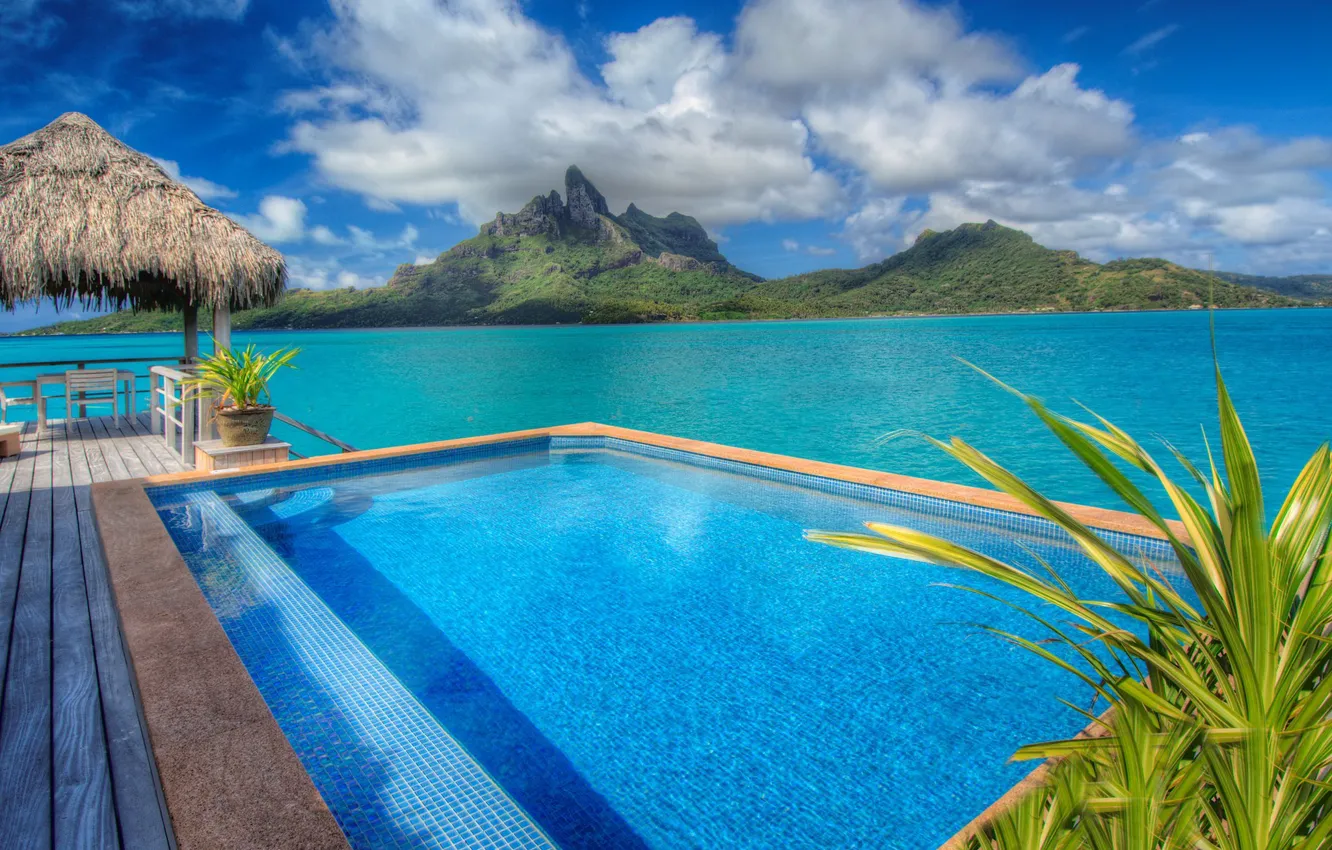 Фото обои pool, hotel, bungalow, blue lagoon, bora-bora, St-Regis