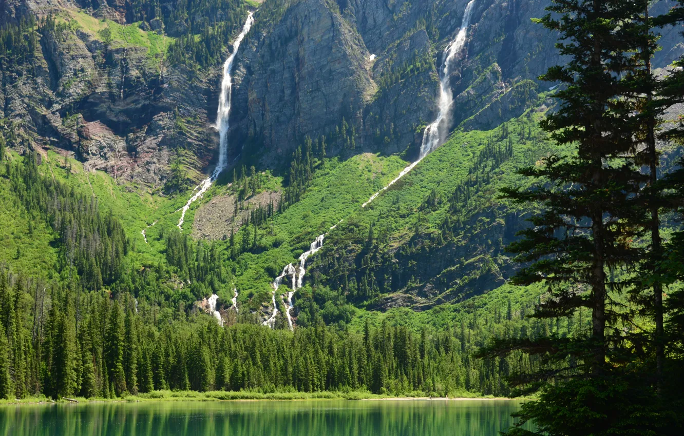 Фото обои горы, озеро, Монтана, водопады, Glacier National Park, Глейшер, Montana, Avalanche Lake