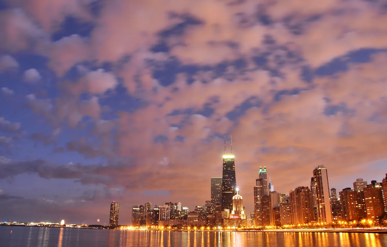 Фото обои city, огни, небоскребы, вечер, чикаго, Chicago, sky line