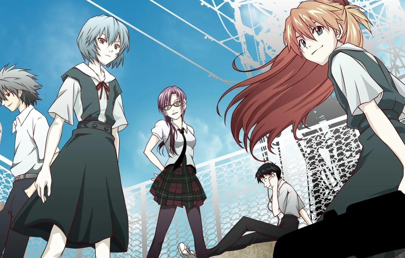 Фото обои улыбка, девушки, очки, парни, евангелион, школьная форма, evangelion, ayanami rei