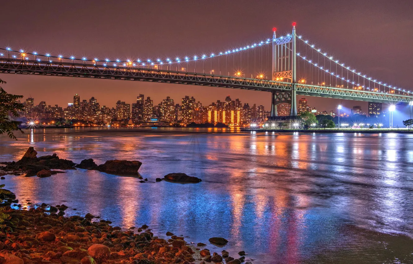 Фото обои ночь, мост, город, огни, река, США