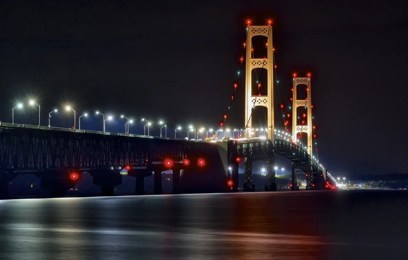 Фото обои ночь, огни, Макино, The Mackinac Bridge