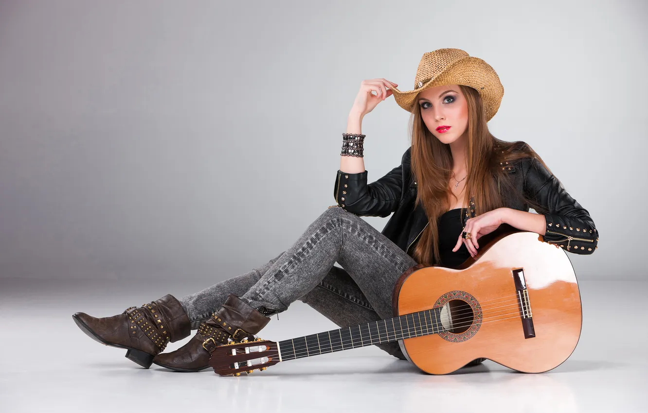 Фото обои girl, guitar, hat, beautiful, acoustic, cowboy
