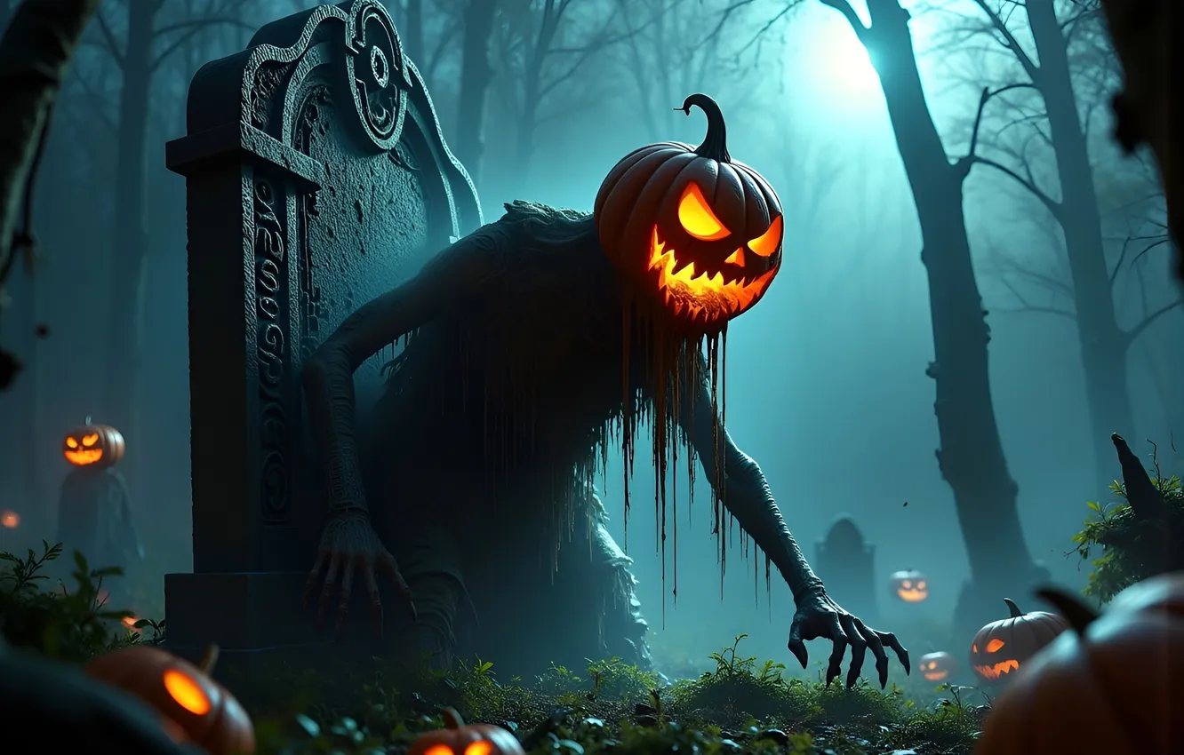 Фото обои страх, зомби, ужас, halloween, нежить, pumpkin, могила, горящие глаза