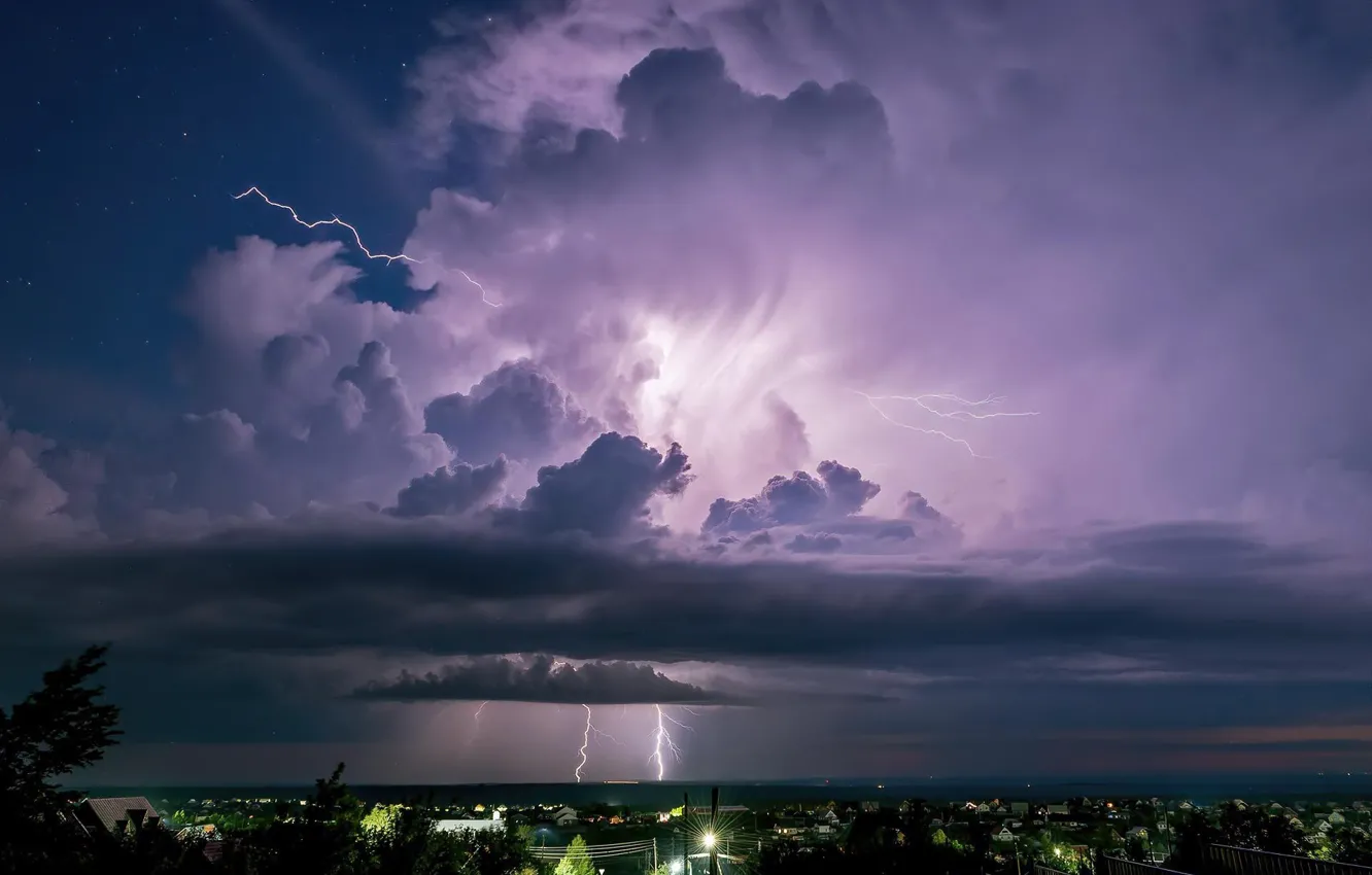 Фото обои city, lightning, night, clouds
