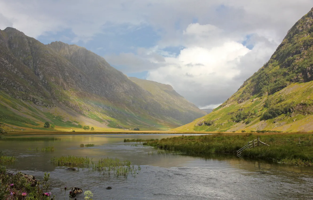 Фото обои горы, природа, река, радуга, Шотландия, Великобритания, Paul Beentjes Photography, нагорье