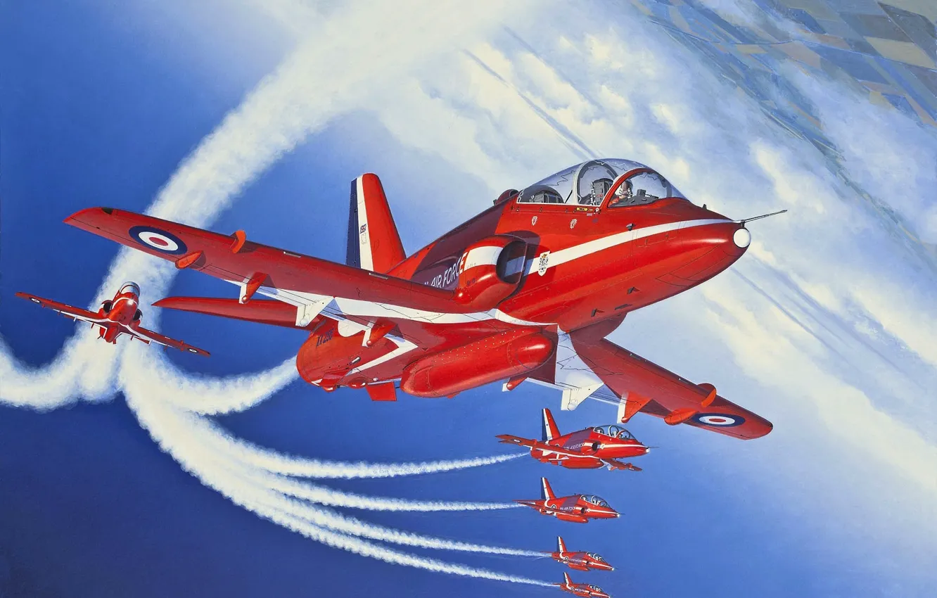Фото обои самолет, рисунок, Великобритания, red arrows, учебно-тренировочный, Королевские ВВС, красные стрелы, BAe Hawk Т1