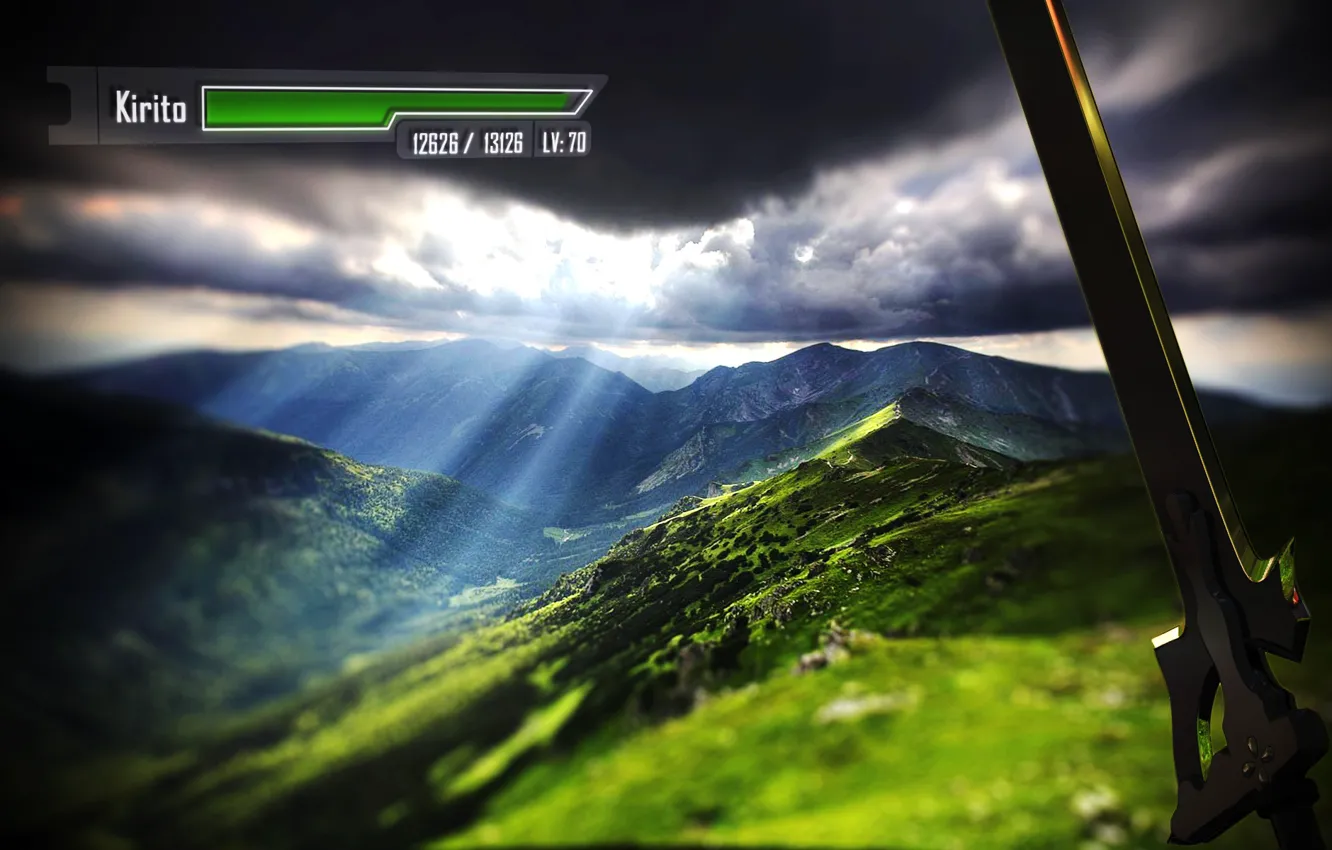 Фото обои тучи, холмы, меч, долина, game, лучи солнца, Мастера меча онлайн, Sword Art Online