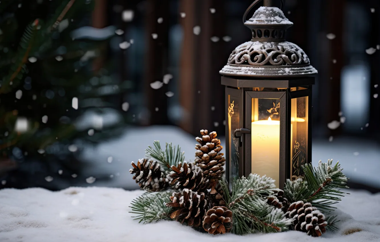 Фото обои зима, снег, ночь, Рождество, фонарь, Новый год, Christmas, night