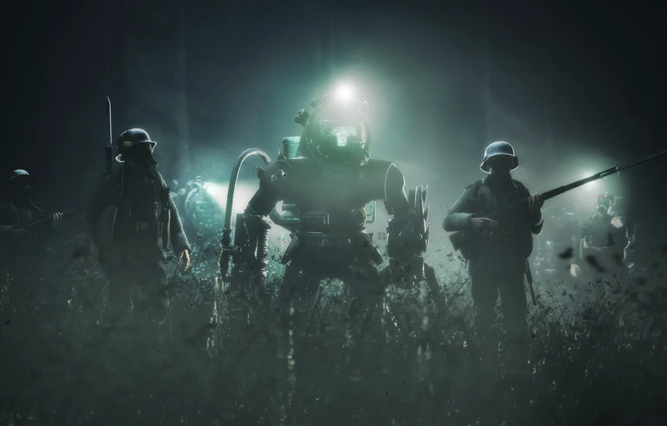 Фото обои трава, оружие, робот, солдаты, Alternative WW1