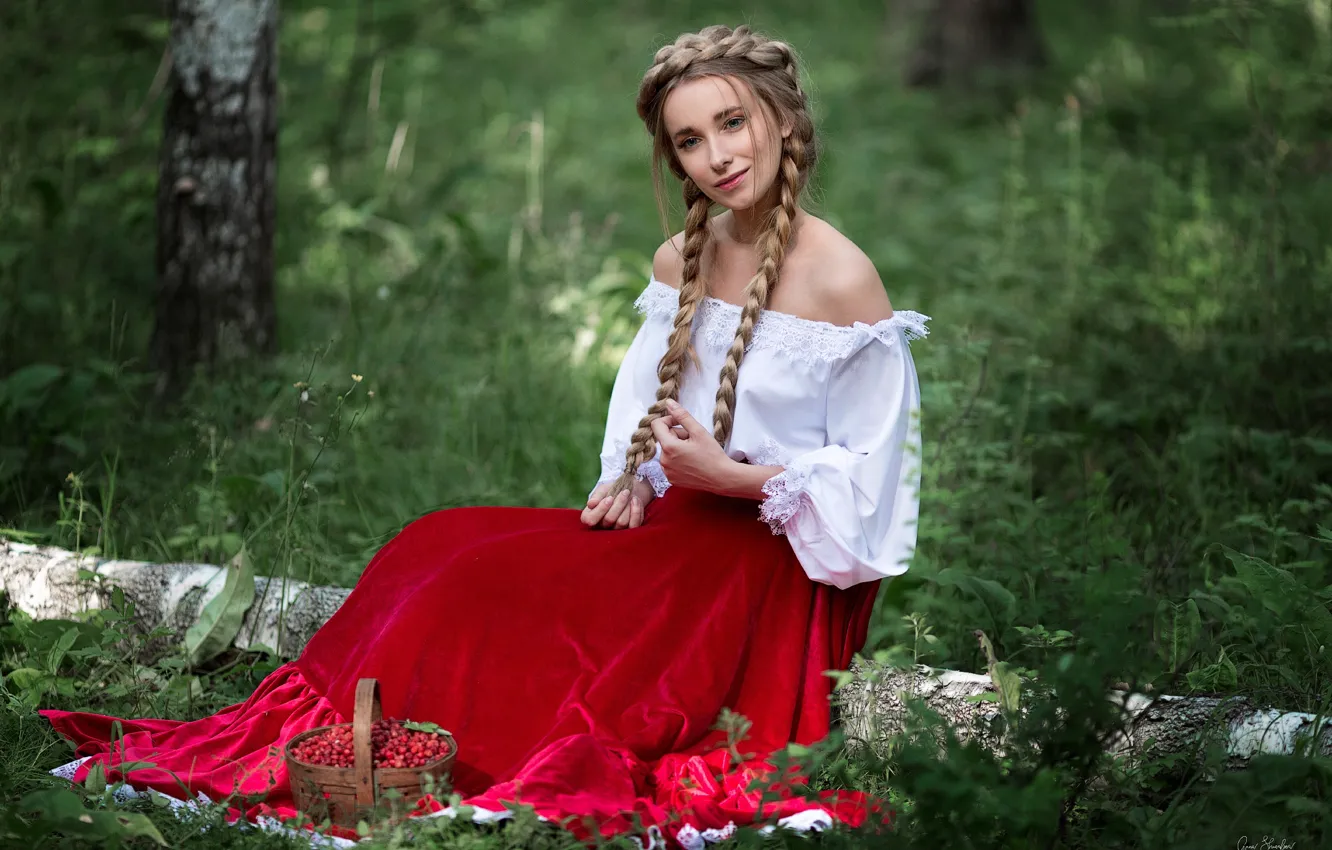 Фото обои девушка, поза, платье, коса, сидит, Анна Шувалова, Ангелина Попова