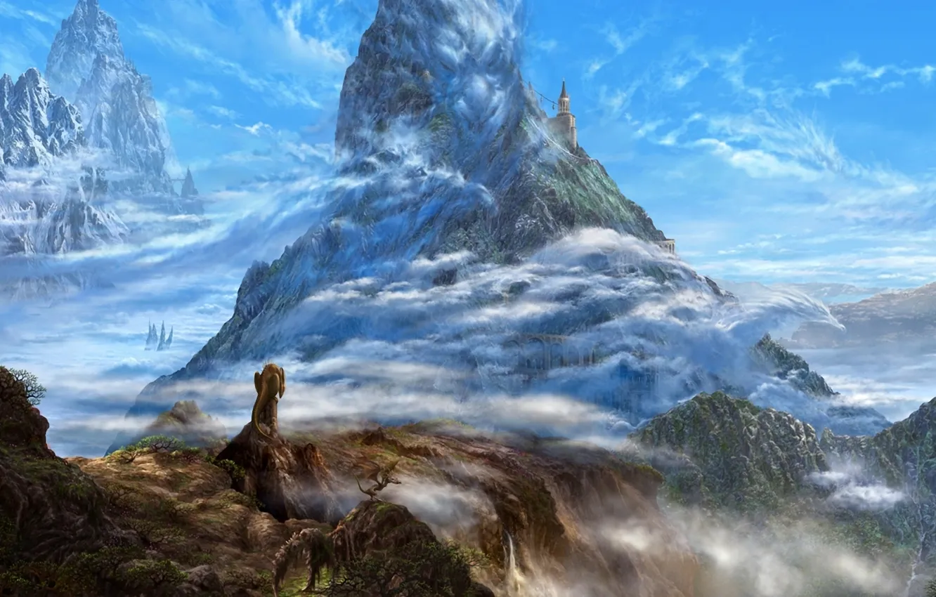 Фото обои облака, горы, замок, скалы, драконы, фэнтези, арт, ucchiey