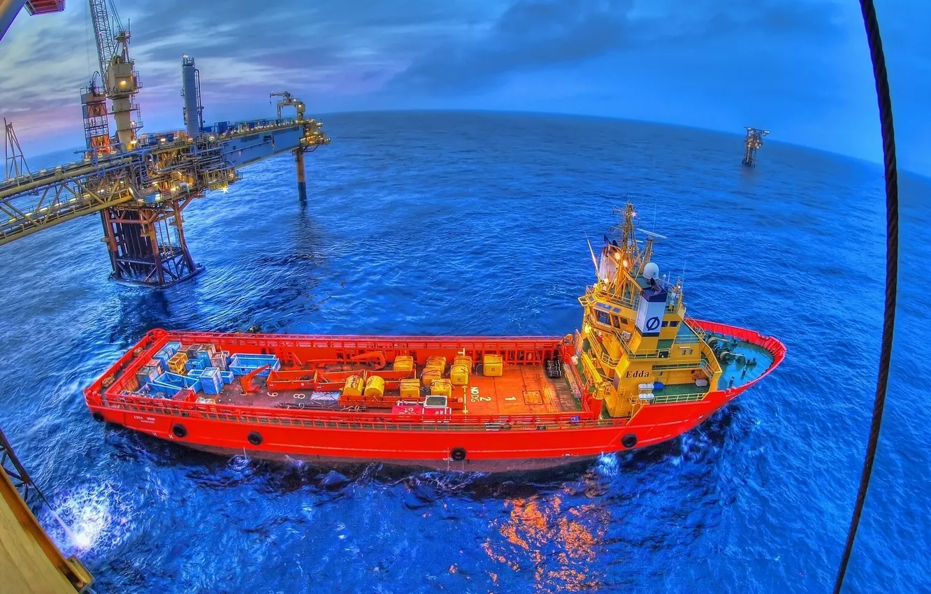 Фото обои буксир, Норвегия, Северное море, нефтяная вышка