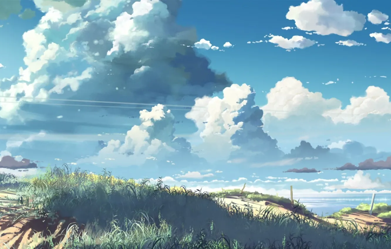 Фото обои небо, трава, Берег, густые облака