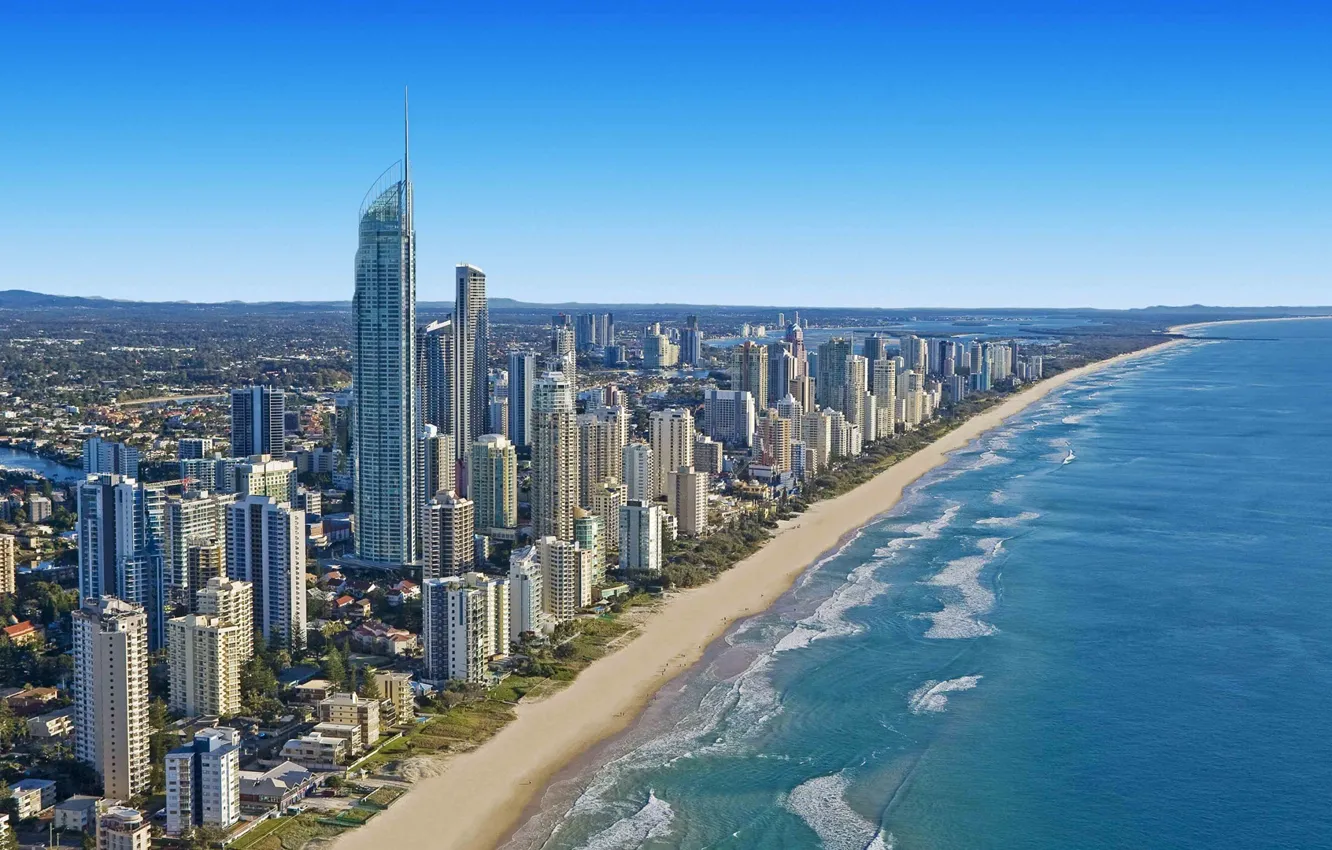 Фото обои пляж, город, океан, побережье, небоскребы, Австралия, Брисбен