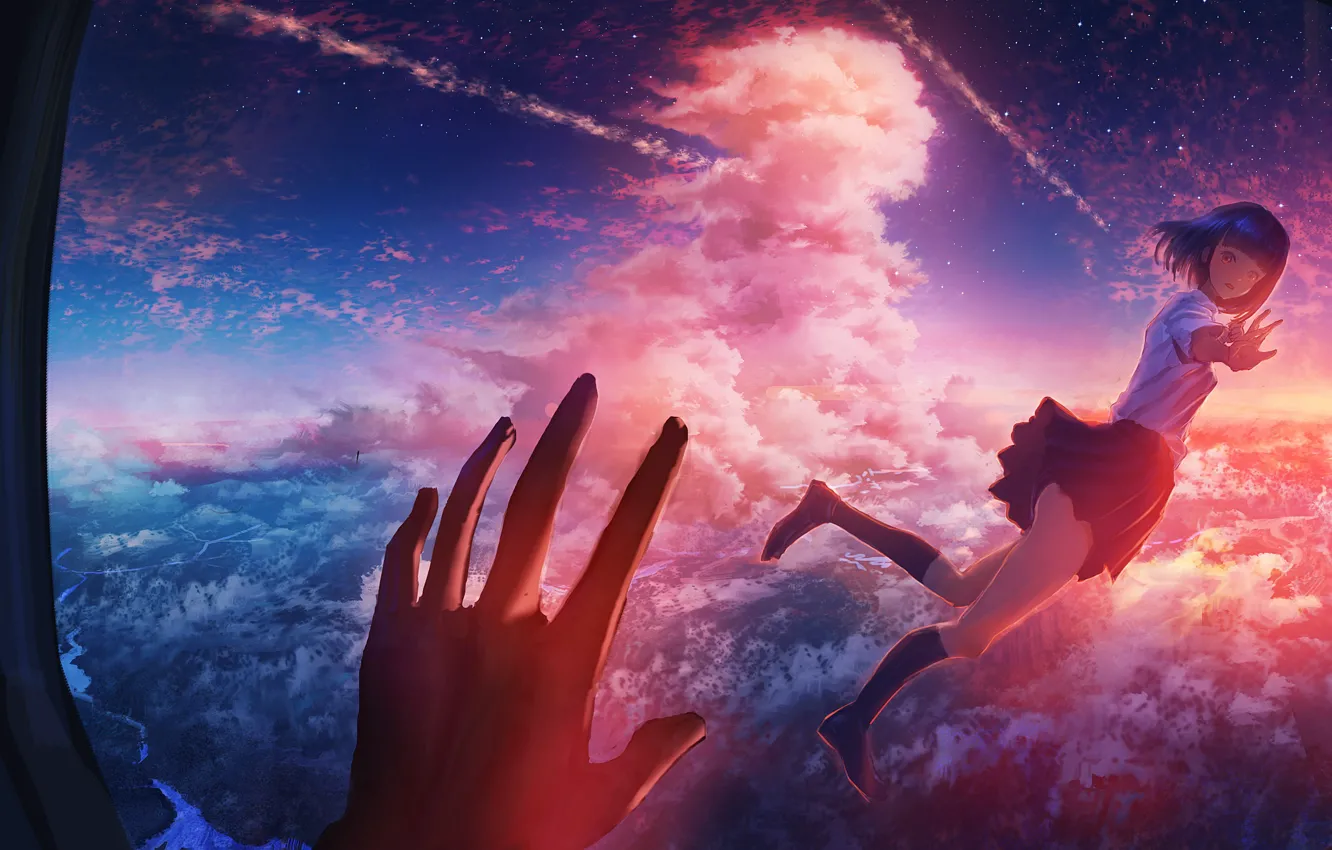 Фото обои небо, девушка, закат, самолет