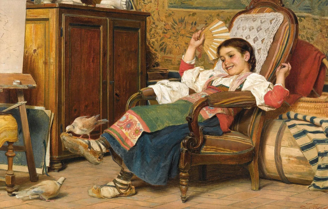 Фото обои итальянский живописец, 1919, Italian painter, Luigi Bechi, oil on canvas, Луиджи Бечи, The pet doves, …
