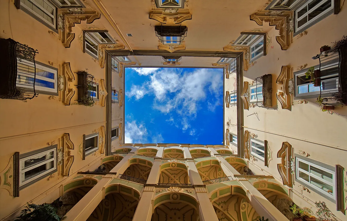 Фото обои небо, облака, башня, Италия, Неаполь, Palazzo dello Spagnolo