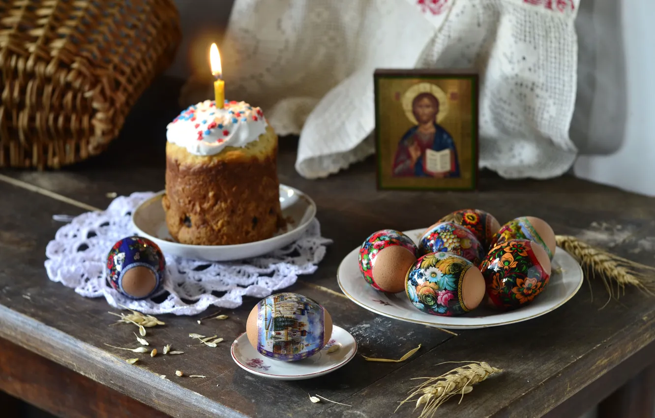 Фото обои свеча, яйца, Пасха, кулич, икона