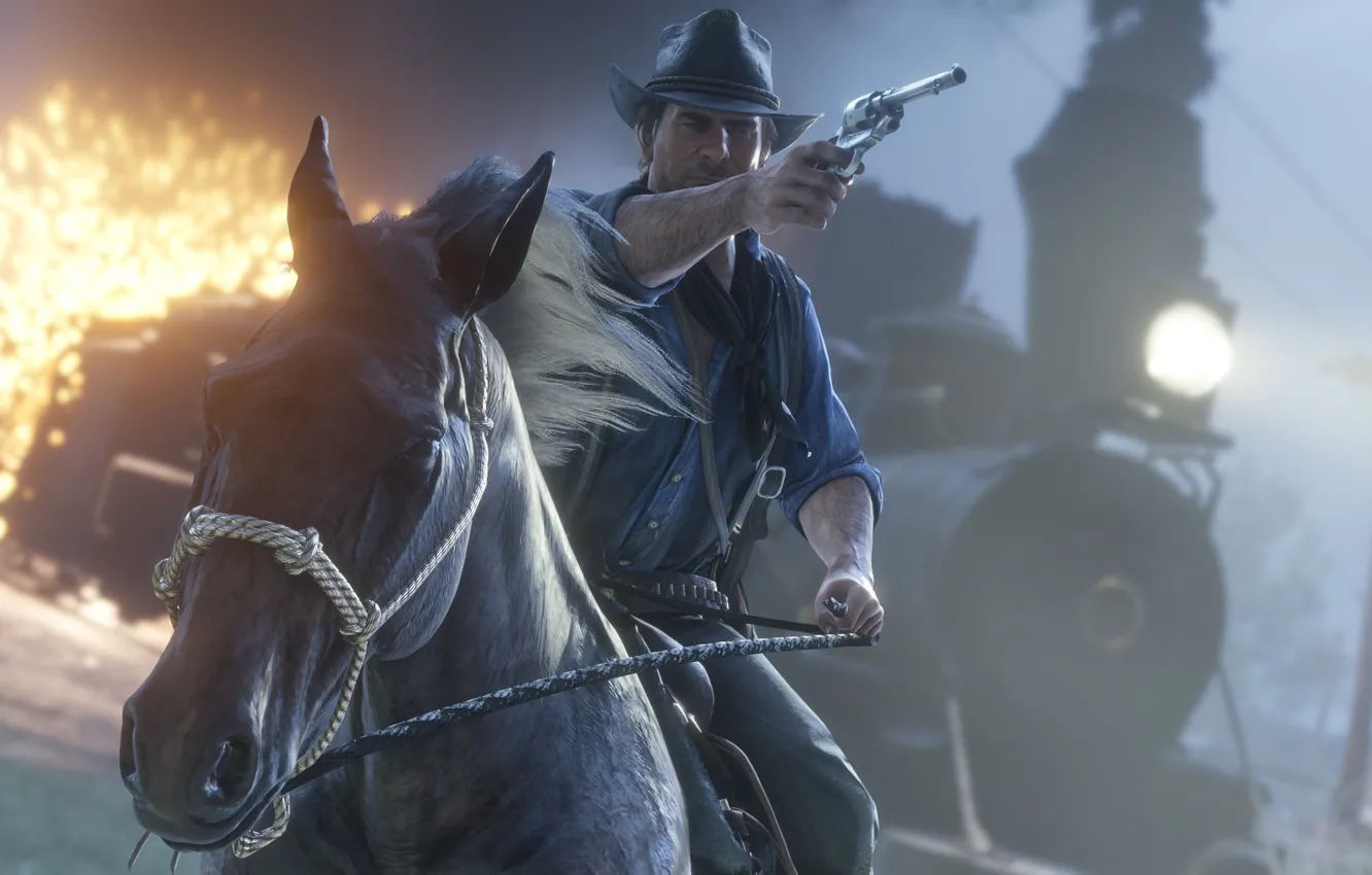 Фото обои лошадь, поезд, шляпа, бандиты, револьвер, Rockstar, Red Dead Redemption 2, Arthur Morgan