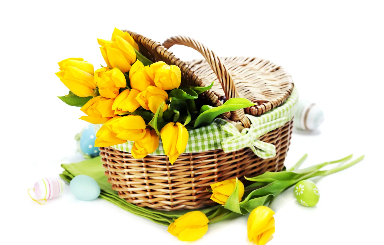 Фото обои фото, Цветы, Желтый, Тюльпаны, Пасха, Яйца, Корзинка