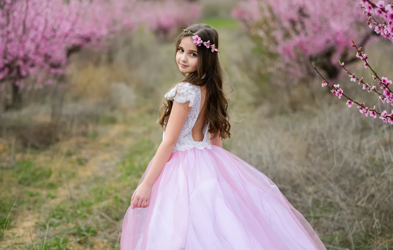 Фото обои деревья, весна, сакура, платье, девочка, girl, цветение, pink