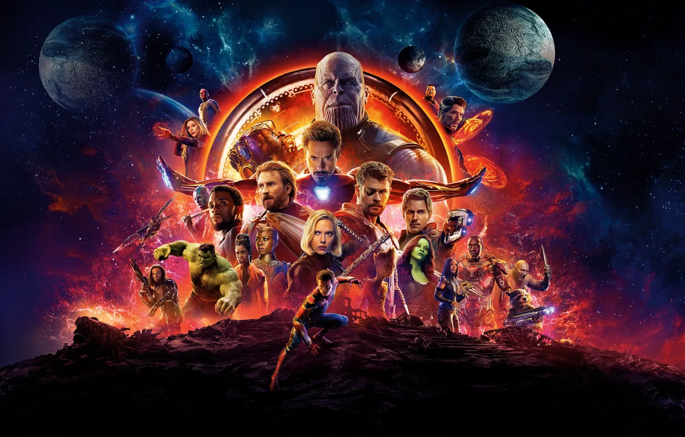 Фото обои Scarlett Johansson, Infinity, Vision, Hulk, Nebula, Iron Man, War, Falcon