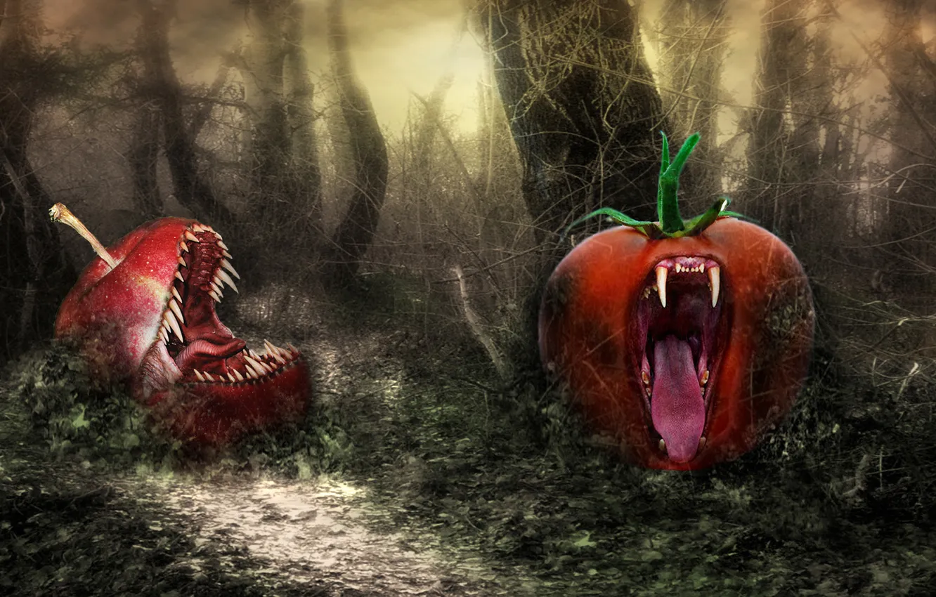 Фото обои лес, яблоко, хищники, помидор, дремучий
