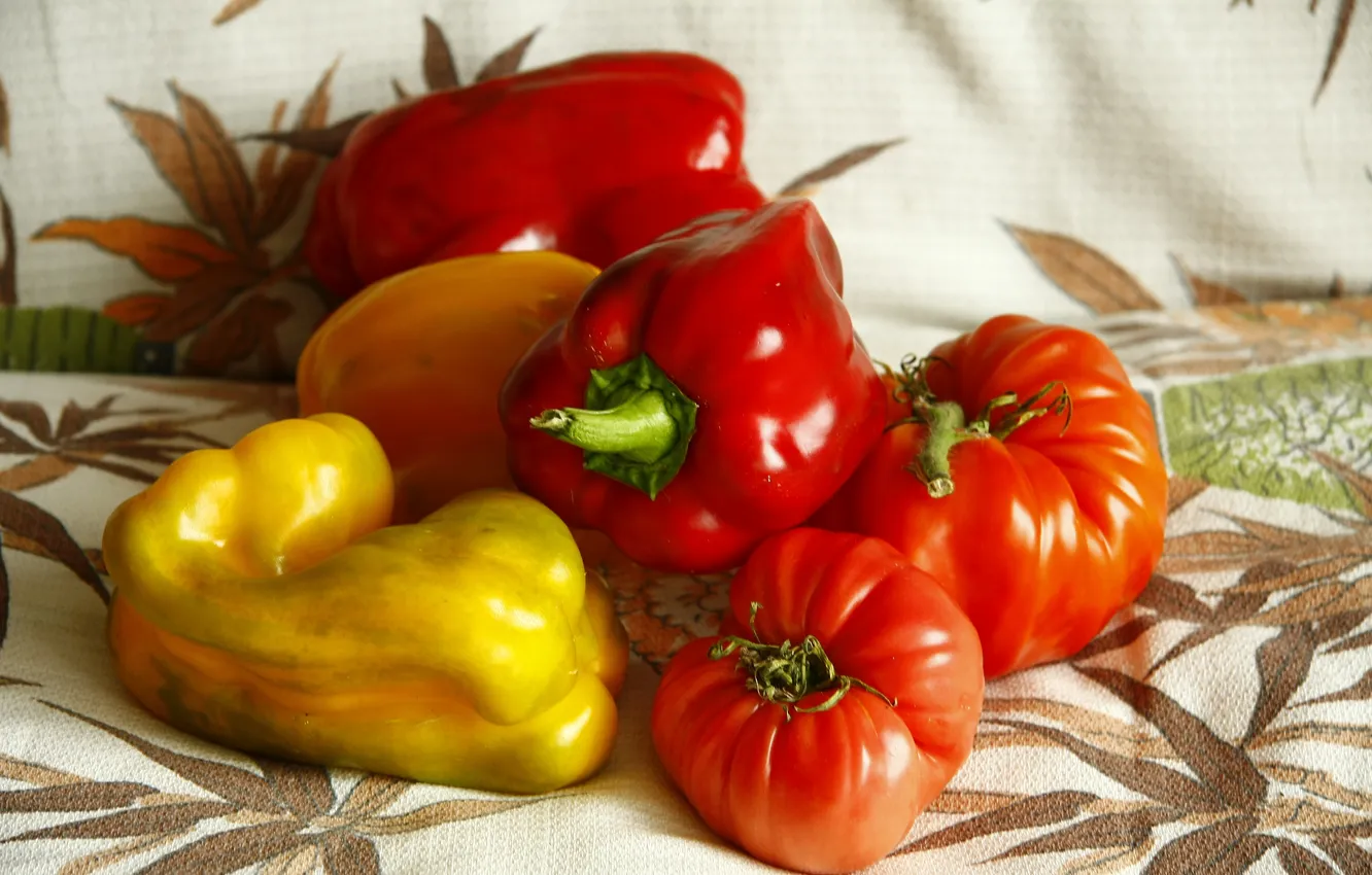 Фото обои лето, еда, желтые, пища, красные, перец, овощи, помидоры