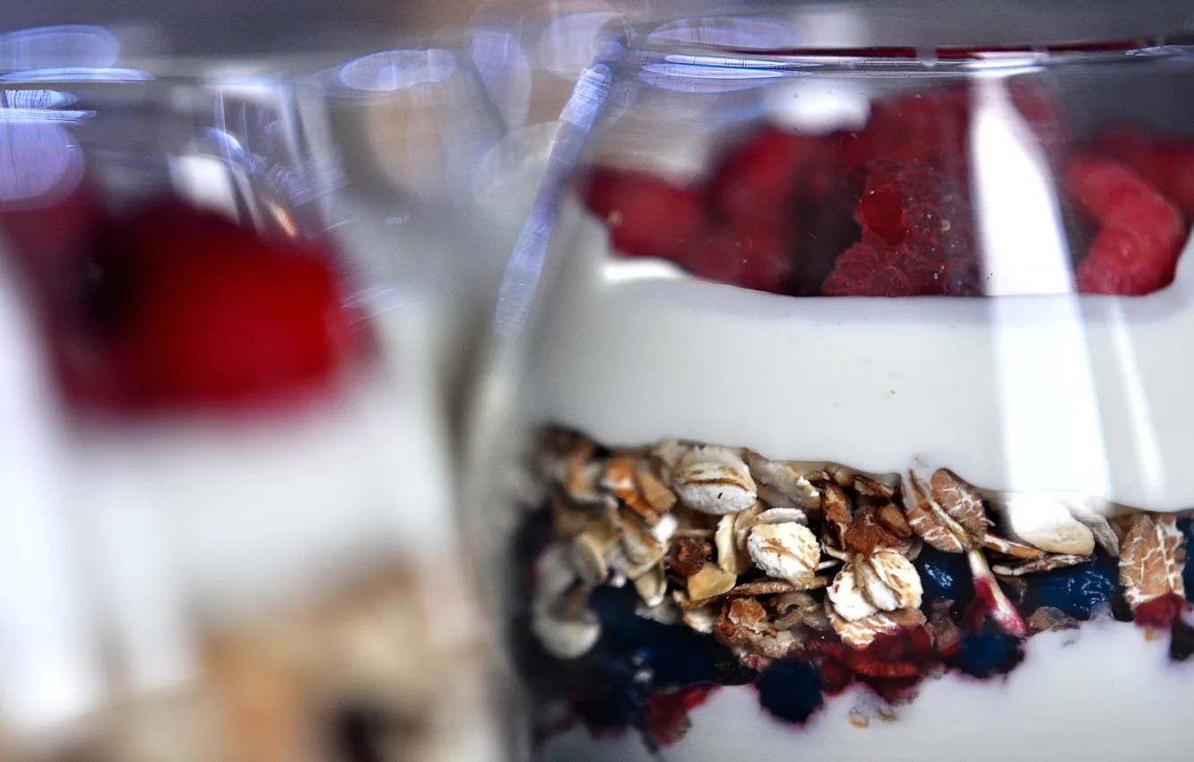 Фото обои ягоды, малина, еда, завтрак, мюсли, йогурт