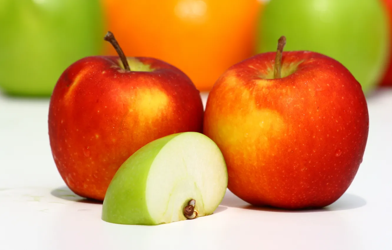 Фото обои макро, красный, зеленый, яблоки, еда, пища, долька, фрукты