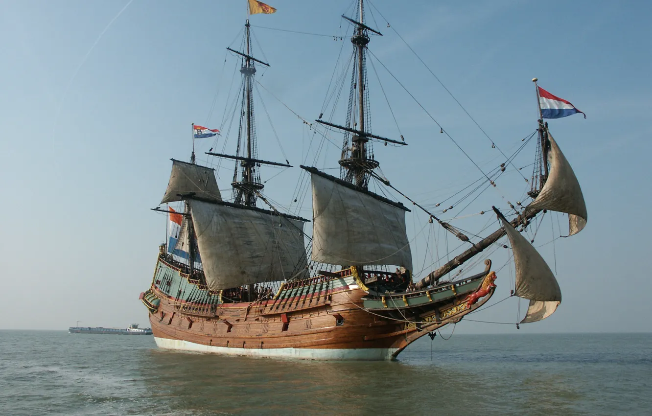 Фото обои old, wooden, sailing ship, Dutch East India Company ship, 17th century, Replica of the BATAVIA