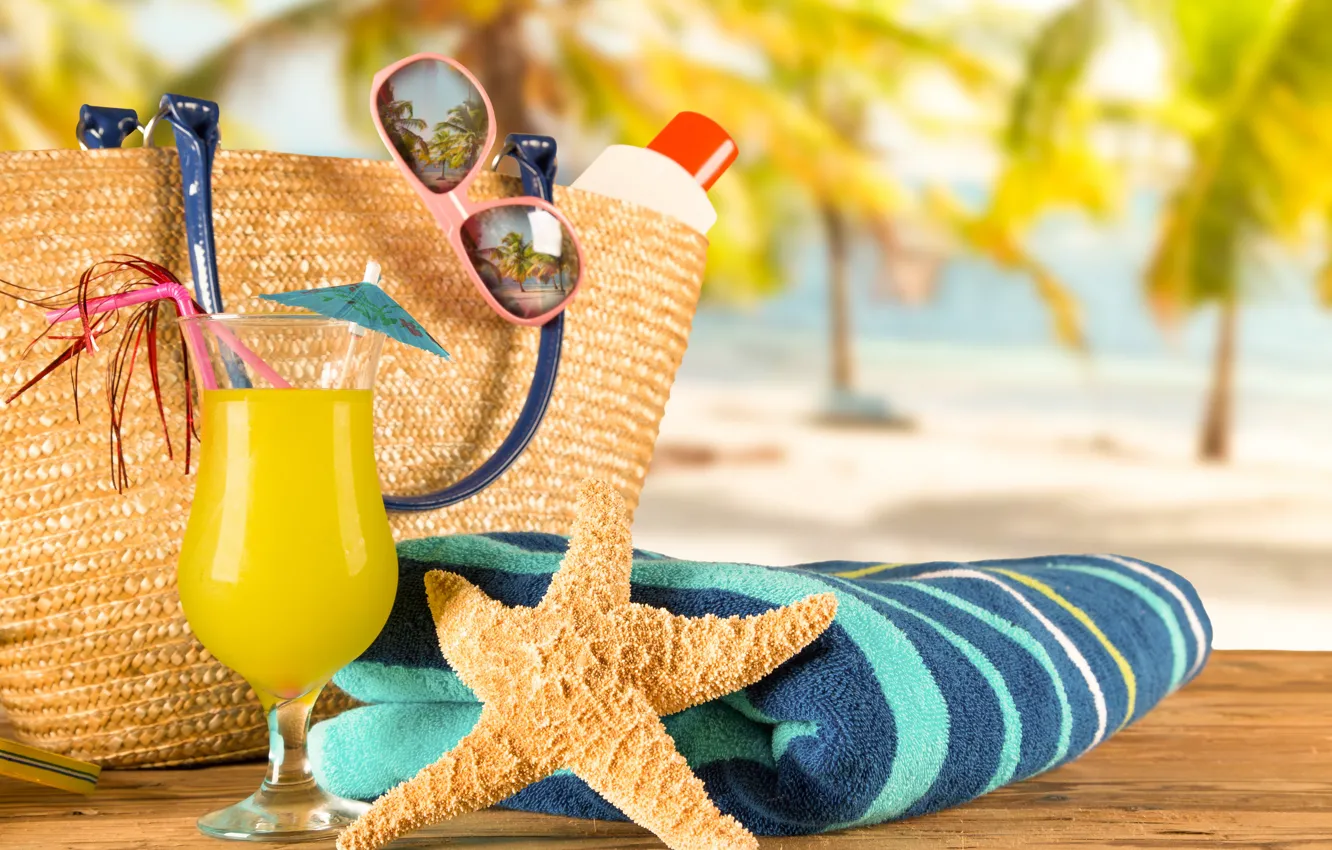 Фото обои песок, море, пляж, лето, очки, коктейль, summer, beach