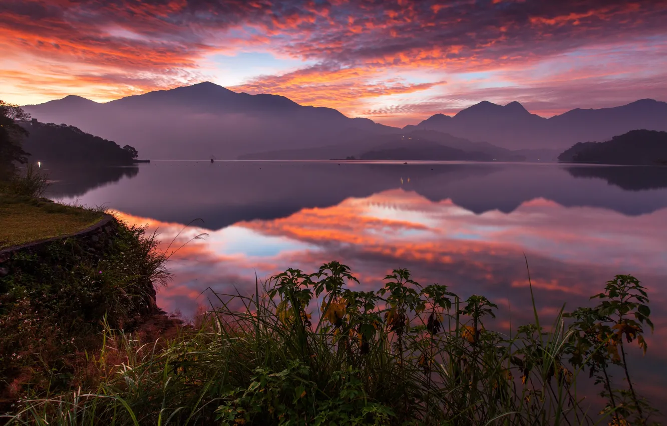 Фото обои закат, горы, озеро, отражение, China, Китай, Тайвань, Taiwan