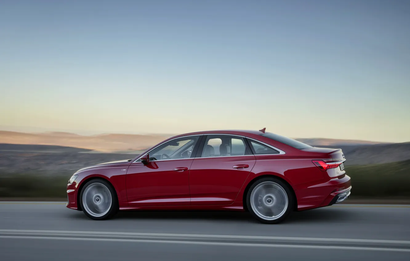 Фото обои красный, Audi, профиль, седан, 2018, четырёхдверный, A6 Sedan