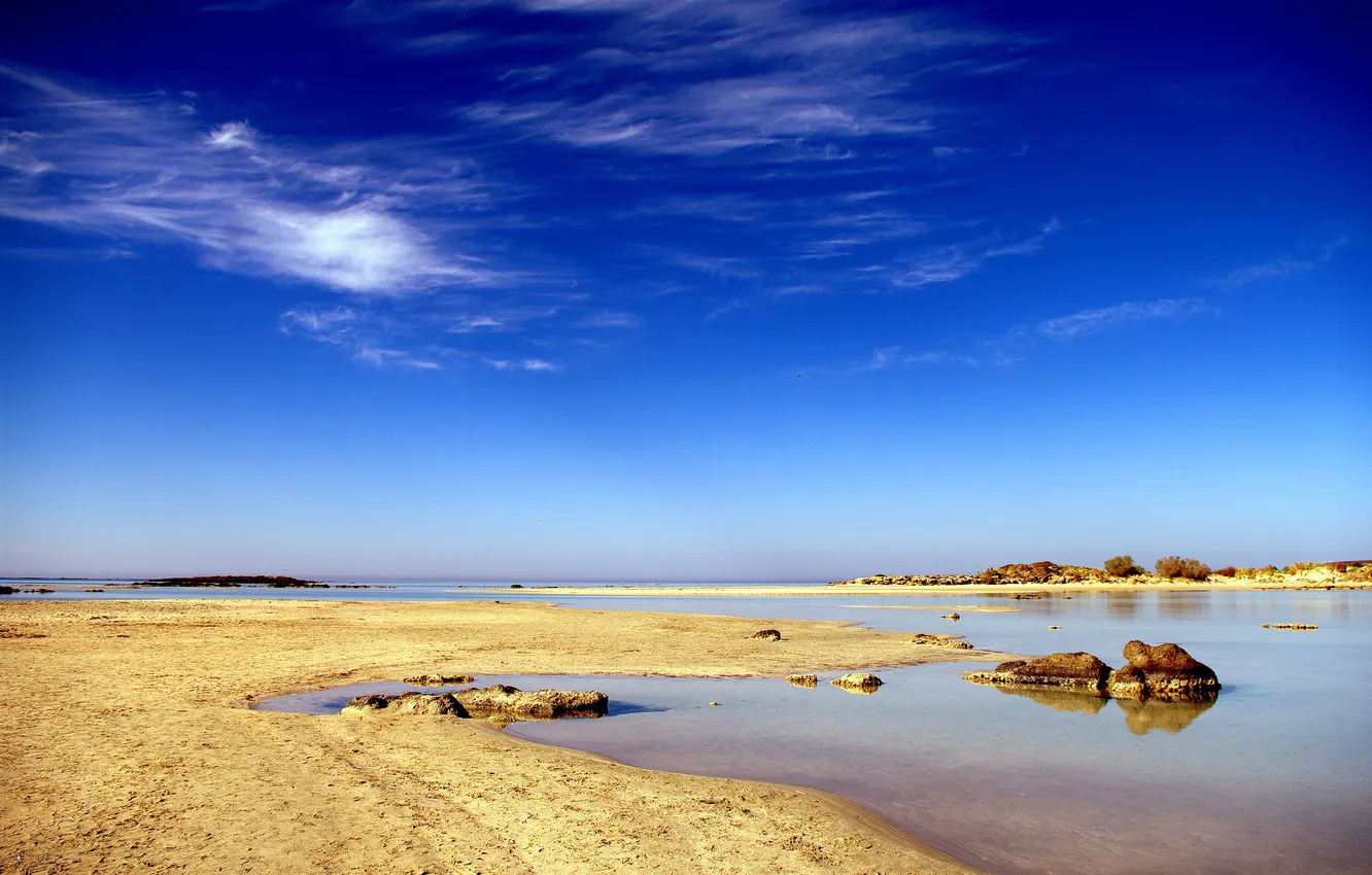 Фото обои море, пляж, небо, голубое, залив, мелководье