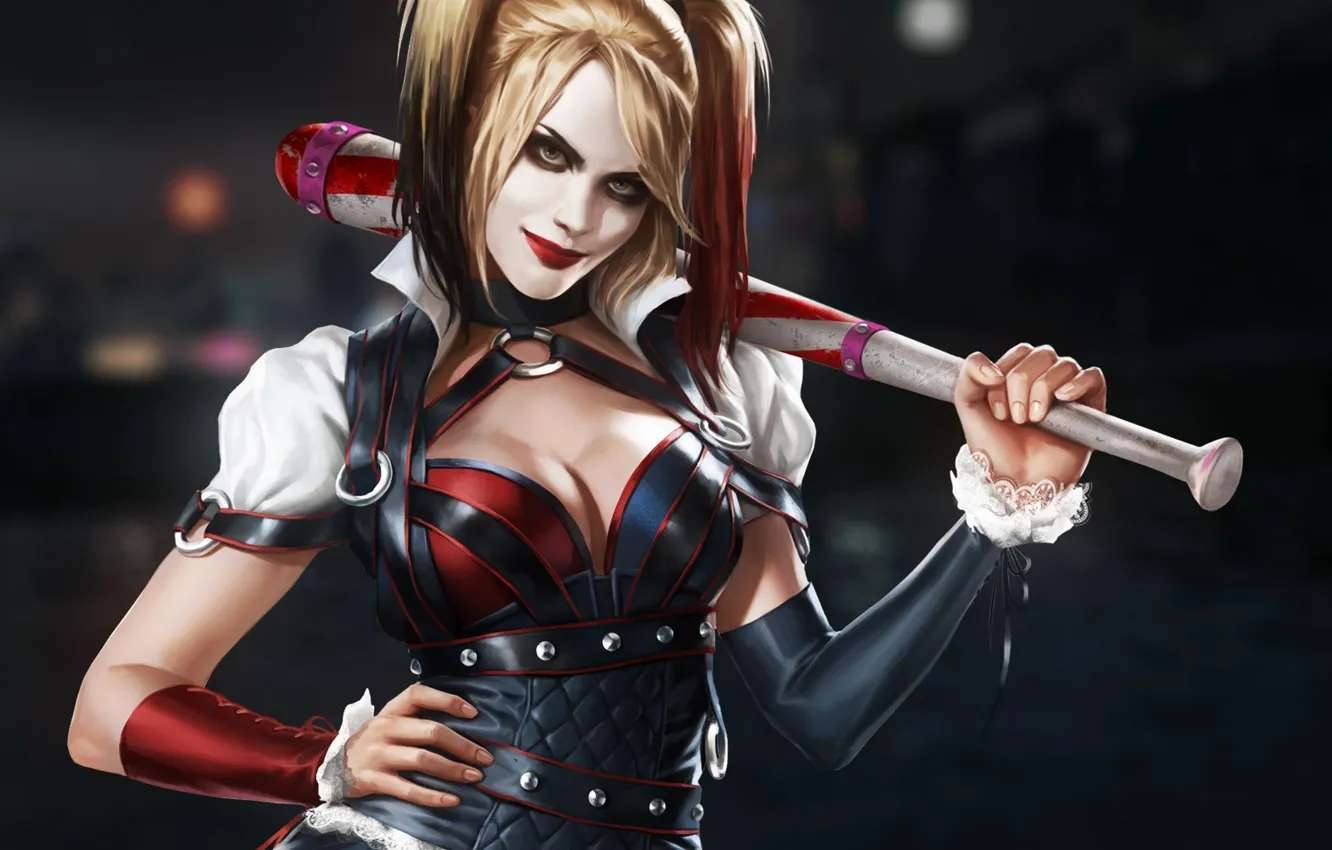 Фото обои Девушка, Взгляд, Бита, Харли Квинн, Harley Quinn, Warner Bros. Interactive Entertainment, Rocksteady Studios, Бэтмен: Рыцарь …