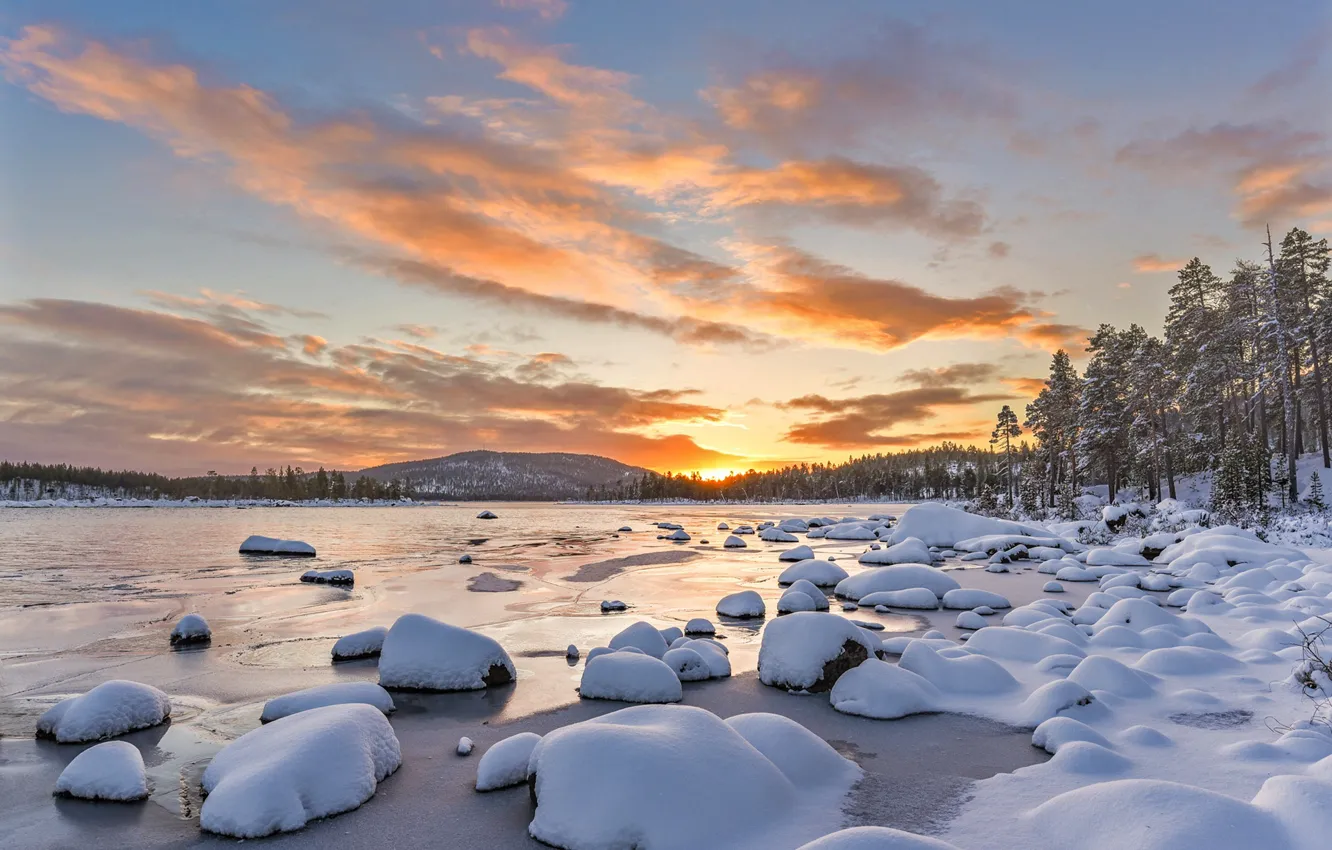 Фото обои зима, небо, закат, озеро, Jorma Hevonkoski