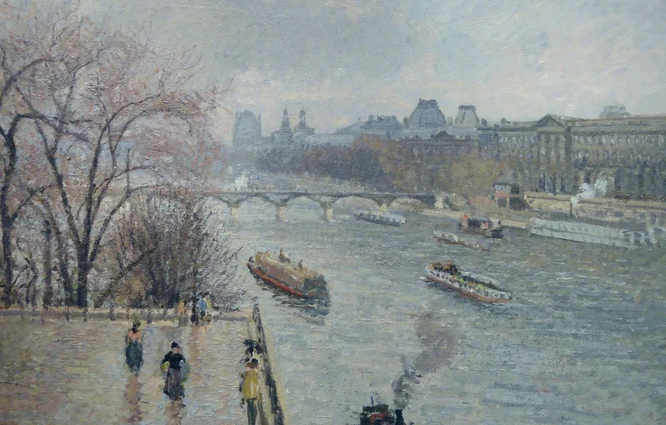 Фото обои мост, город, река, Париж, картина, Сена, городской пейзаж, Камиль Писсарро