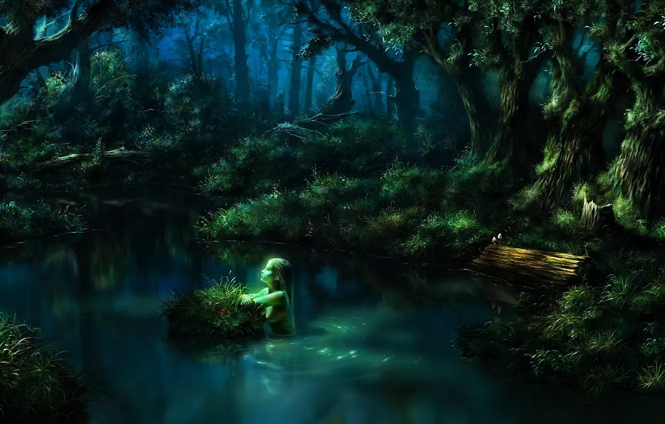 Фото обои лес, вода, девушка, озеро, пруд, фэнтези, арт, бревно