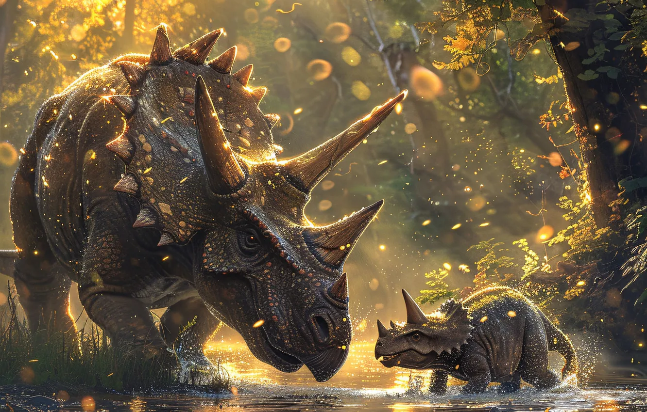 Фото обои Вода, Деревья, Детеныш, Двое, Рога, Triceratops, Животное, Цифровое искусство