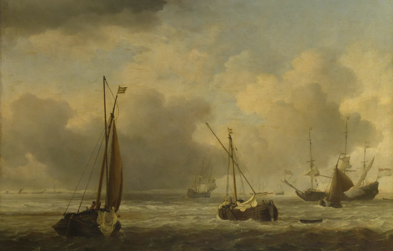 Фото обои живопись, морской пейзаж, Willem van de Velde, Вельде Виллем ван де младший, Голландские корабли и …